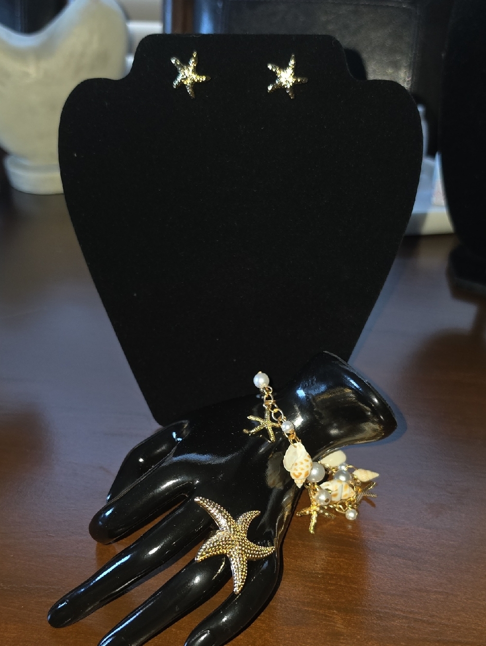 Gold Starfish Jewelry Set - Earrings, Ring & Charm Bracelet